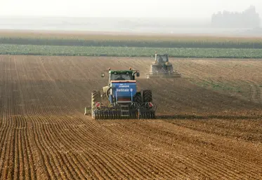 Un tracteur laboure un champ en préparation du lit de semence