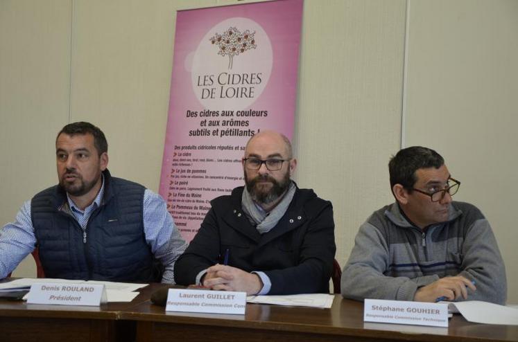 De gauche à droite : Denis Rouland, président ; Laurent Guillet, responsable de la commission communication ; Stéphane Gouhier, responsable de la commission technique, lors de l’assemblée générale des Cidres de Loire, jeudi 21 mars 2019, à Segré.