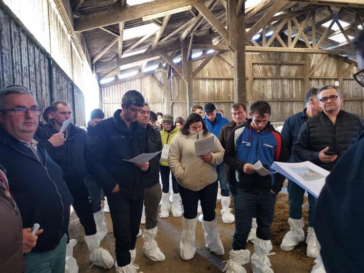 Les éleveurs membres du syndicat des éleveurs Montbéliard de la Mayenne lors de la visite au Gaec Vallée de la Jouanne.