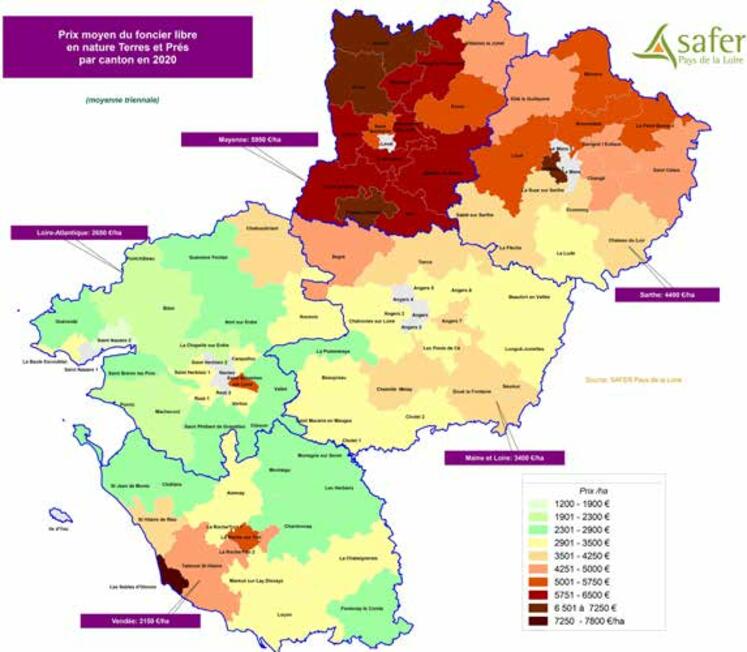 Prix des terres en Pays de la Loire en 2020.