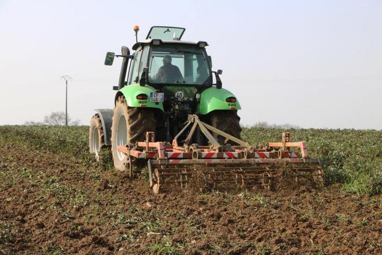 Bruno Rouland, adhérent à la Cuma de la vallée de l’Érnée, utilise le déchaumeur classique de la coopérative pour détruire ses couverts.