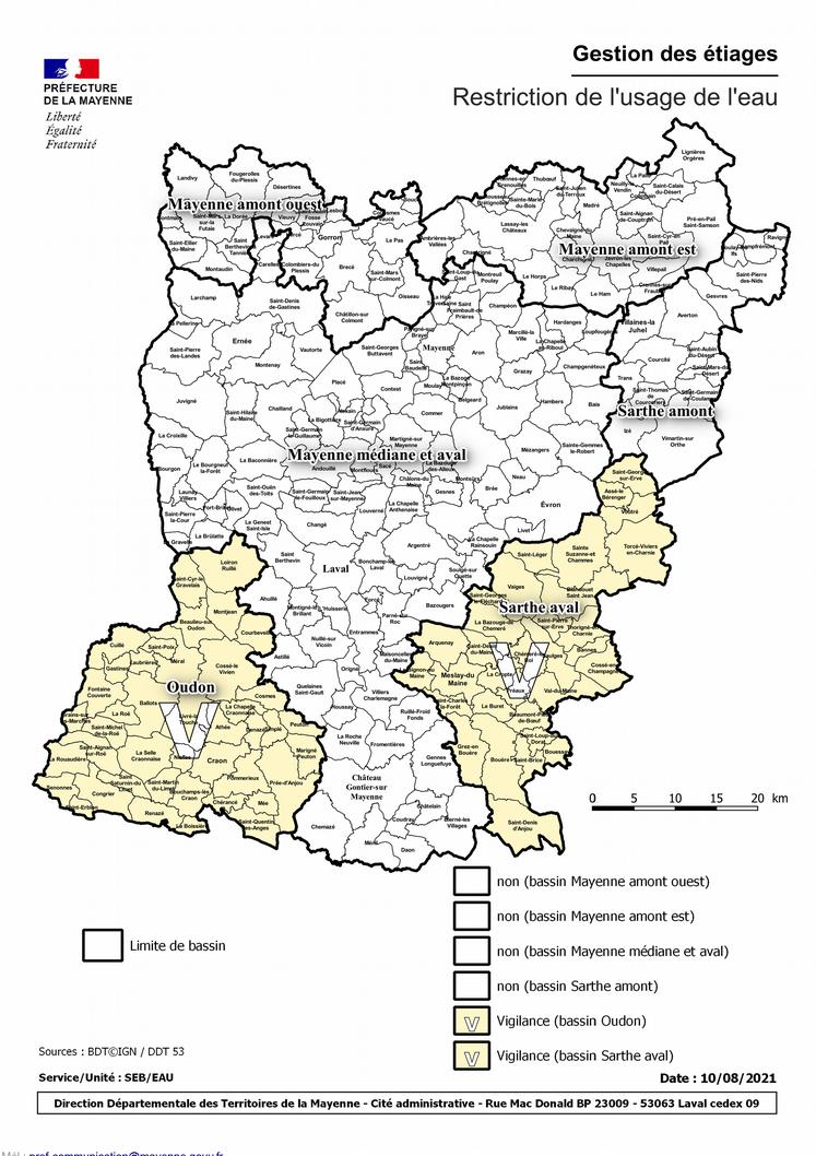 Carte étiage en Mayenne 11 août 2021.