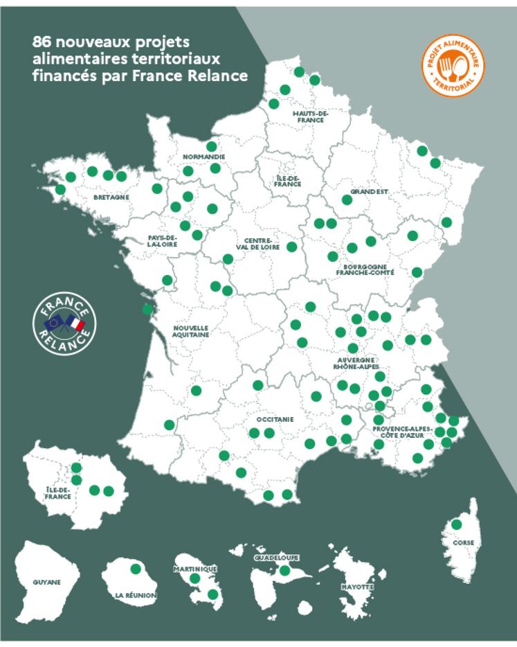 Carte des 86 nouveaux lauréats de l’appel à projets pour l’émergence de projets alimentaires territoriaux. Août 2021.