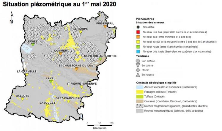 Carte de la situation piézométrique, en Mayenne, au 1er mai 2020.