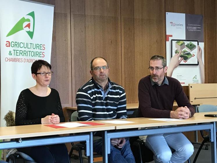 Sandra racine, agricultrice à Ruillé-le-Gravelais, Yannick Vallée, responsable de la section bovine de la Fdsea de la Mayenne et Stéphane Guioullier, tête de liste JA+Fdsea aux élections Chambre d’agriculture de la Mayenne.