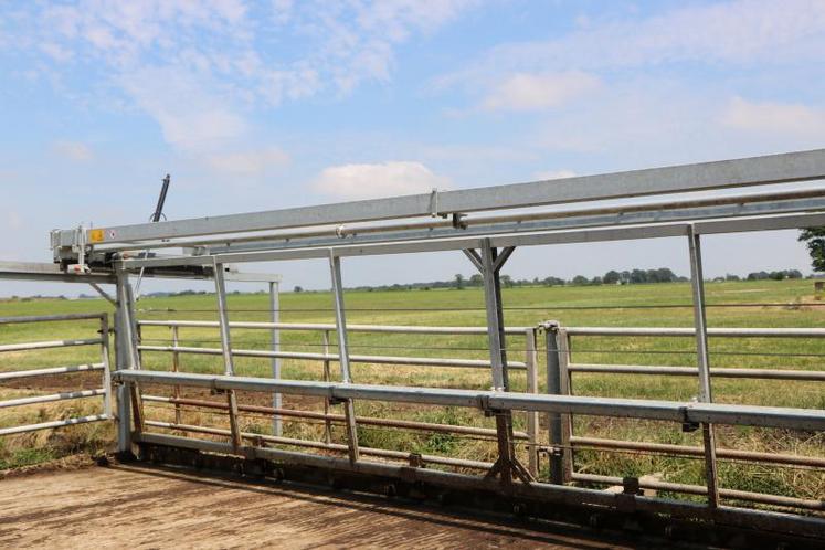 La barrière de l'aire d'attente avant la traite est équipée d'un nettoyeur intégré qui permet un lavage systématique au fur et à mesrure de l'avancée des vaches vers l'autorotor Magnum 40 de 28 places conçu par GEA.