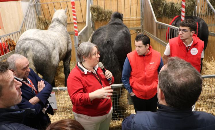 Comme ici avec les Percherons et la présentation d'Évelyne Léon, la visite a été l'occasion de découvrir les différentes filières du département.