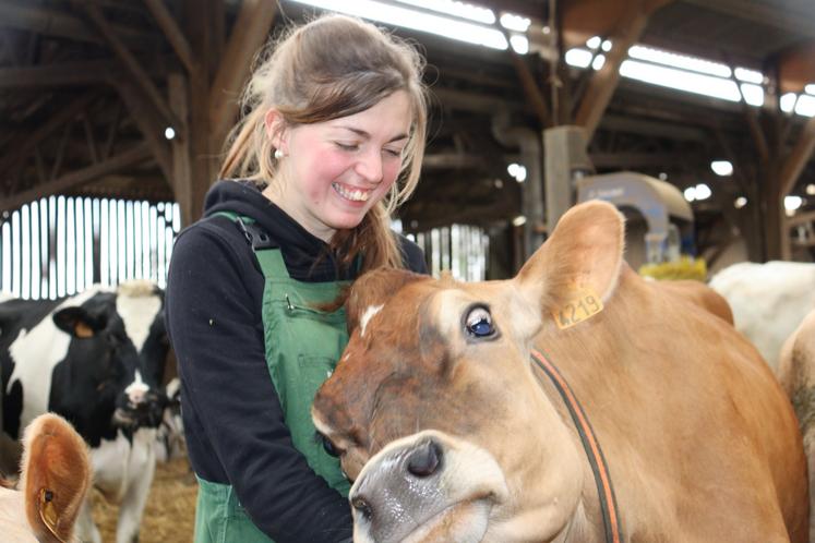 Céline Girard câlinant une Jersiaise, l'autre race laitière de l'EARL de la Passion à Bais, l'exploitation familiale qu'elle souhaite un jour intégrer.