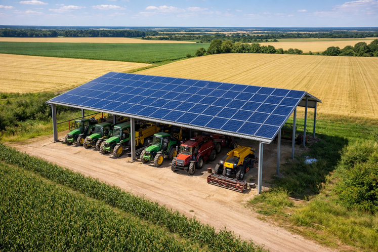 Exemple d'ombrière de Cuma avec panneaux photovoltaïques.