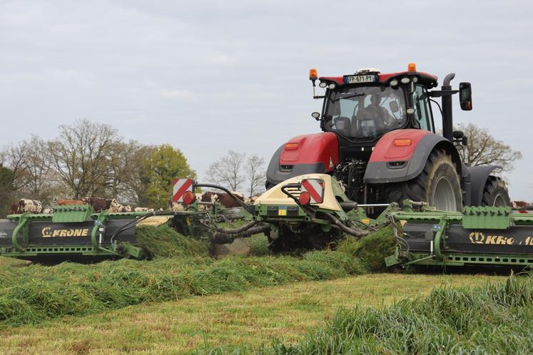 Franck Jolivier, chauffeur de l'ETA Giffard, mène le chantier de fauche de l'herbe au Gaec de Launay-Virolet à Montreuil-Poulay. En haut à droite : Léo Lambert (à gauche), 24 ans, et son associé Jordan Cornu (28 ans). Une fois ensilée, l'herbe servira à l'alimentation des Normandes de l'exploitation.