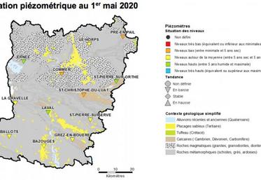 Carte de la situation piézométrique, en Mayenne, au 1er mai 2020.