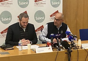 Arnaud Gaillot, président des Jeunes Agriculteurs, et Arnaud Rousseau, président de la FNSEA, ont tenu une conférence de presse à l’issue de la réunion, mardi 13 février, avec le Premier ministre Gabriel Attal.