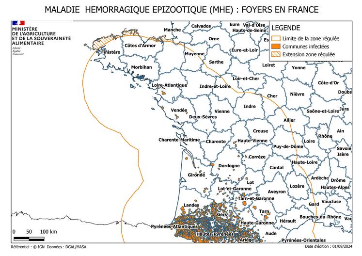 Carte 1 - Zone Régulée MHE au 14/08/2024
Carte 2 - Zone régulée FCO-3 au 14/08/2024