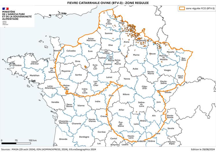 La zone régulée au titre de la FCO-3 au 29 août 2024.