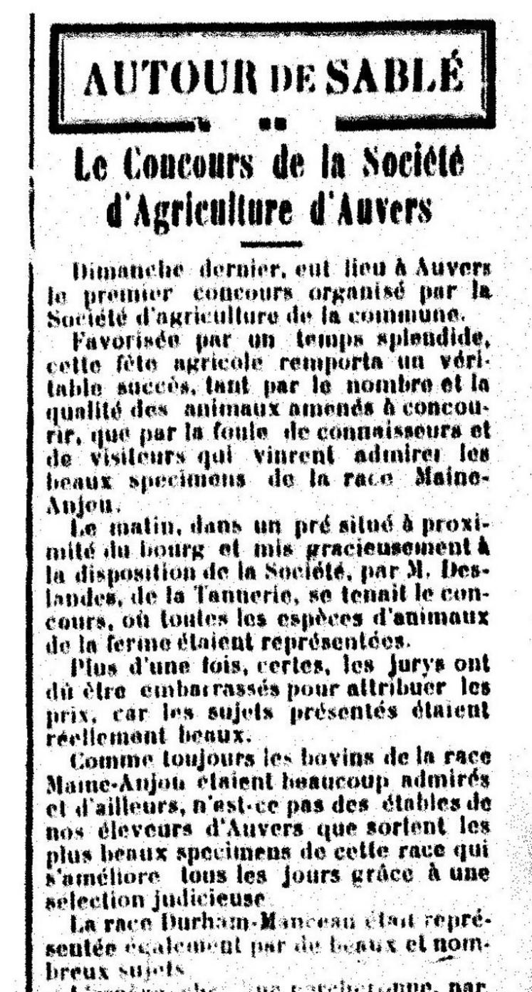 Extrait du Journal de Sablé du 20/09/1925. Il relate le premier comice d'Auvers, le 13 septembre 1925.