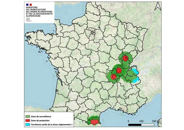 Carte de France des zones réglementées pour la DNC au 16 octobre 2025.