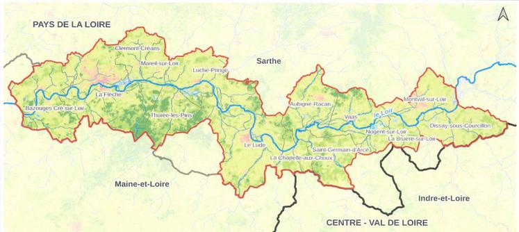 Cartographie des communes traversées ou longées par le Loir, de Montval à Bazouges-Cré.