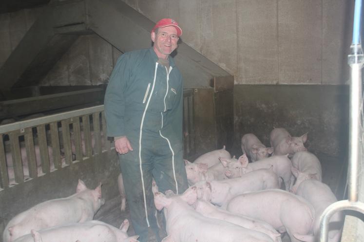Christophe Vovard dans une des 12 cases comptant 13 porcelets chacune. A droite, Juliette Rochard, animatrice commerciale et qualité chez Porc Armor.