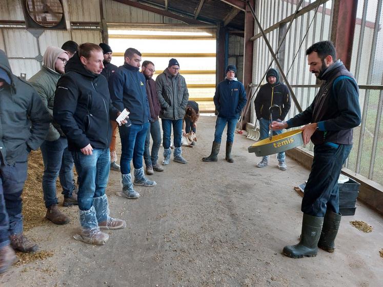 La " Seenoviale " du 29 janvier, animée par Germain Néré, a réuni un groupe d'éleveurs sur l'Earl de la Chapelière, à Bouloire.
En bas à dr. : Marie-Charlotte Touroute, conseillère Seenovia, analyse de l'urine de vaches taries au réfractomètre.