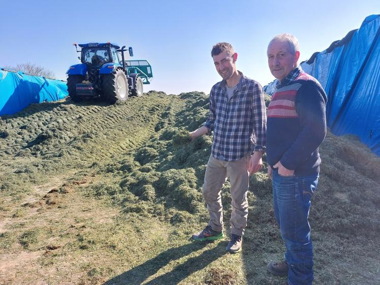Aurélien Huon et son père Jean-François ont déplacé l'ensilage d'herbe dans l'ancien silo à maïs, qui offre une plus grande largeur. La famille avait mobilisé le 19 mars l'ensileuse détenue en copropriété par la Cuma des Sources et la Cuma de Chavaignes pour un chantier de 45 ha.