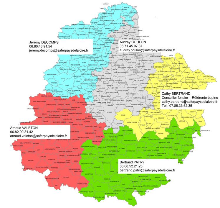 Carte des conseillers Safer par secteur en Sarthe.