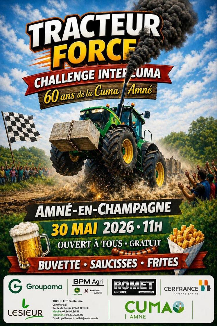 La Cuma d'Amné organise, le 30 mai, un challenge inter-cuma de tracteur force réunissant 4 Cuma : les Cuma d'Amné, Degré, des Bosquets et Joué-en-Charnie. La compétition se déroulera en 3 manches avec 4 tracteurs par Cuma. Ouvert à tous, restauration sur place. La Cuma se fait aider dans l'organisation et la communication par un groupe de jeunes en BTS à la MFR de Bernay dans le cadre d'un projet PIC.