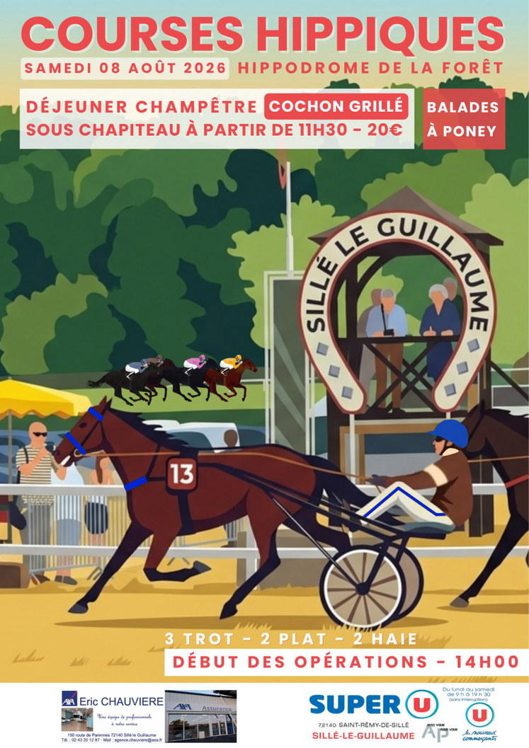 Rendez-vous dès 11h30 ce samedi 8 août à l'hippodrome de la forêt pour le repas. Début des courses à 14h.