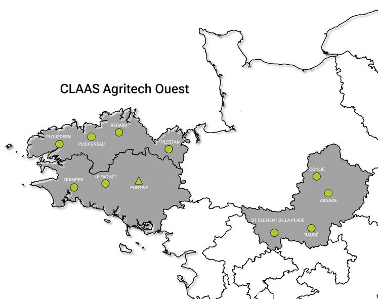 La carte des sites Claas Agritech Ouest