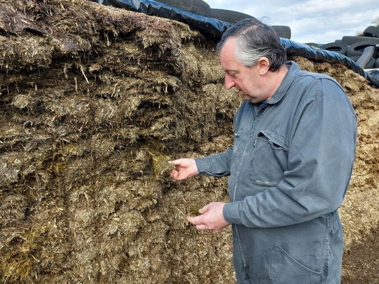 Jean-Michel Coutard compte de plus en plus sur l'herbe ensilée pour l'alimentation des vaches, ici le stock réalisé au printemps 2026.