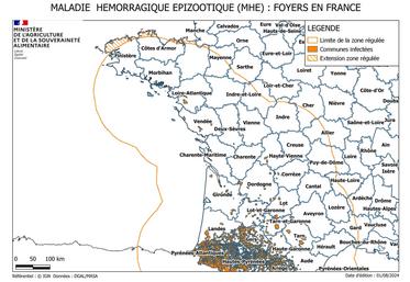 Carte 1 - Zone Régulée MHE au 14/08/2024
Carte 2 - Zone régulée FCO-3 au 14/08/2024