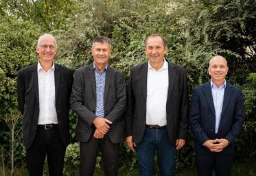 De gauche à droite : Éric Forin, Directeur général de Terrena, Olivier Chaillou, Président de Terrena, Bernard Guillard, Président d'Agrial et Julien Heillaut, Directeur général d'Agrial.