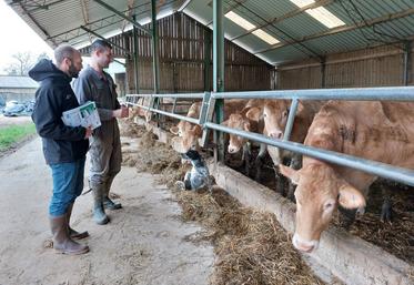 Jean-Baptiste Tertrain (à g.) suit l'élevage de Pierre Renou (à dr.) dans le cadre du réseau Inosys.
