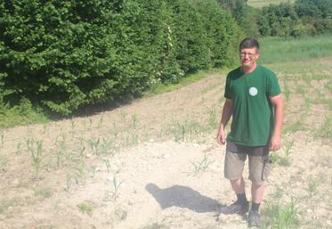 Kevin Chartrain, devant un trou rebouché en vain. Il est associé avec son frère Florian et son épouse Anabelle au Gaec Chartrain (675 000 litres pour Bel, avec 75 vaches, 175 ha, 3 poulaillers de Loué).