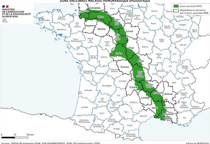 Le gouvernement français encourage la stratégie vaccinale. Les zones tampons, en vert, indiquent les communes concernées par la mise en place d'une campagne de doses gratuites.