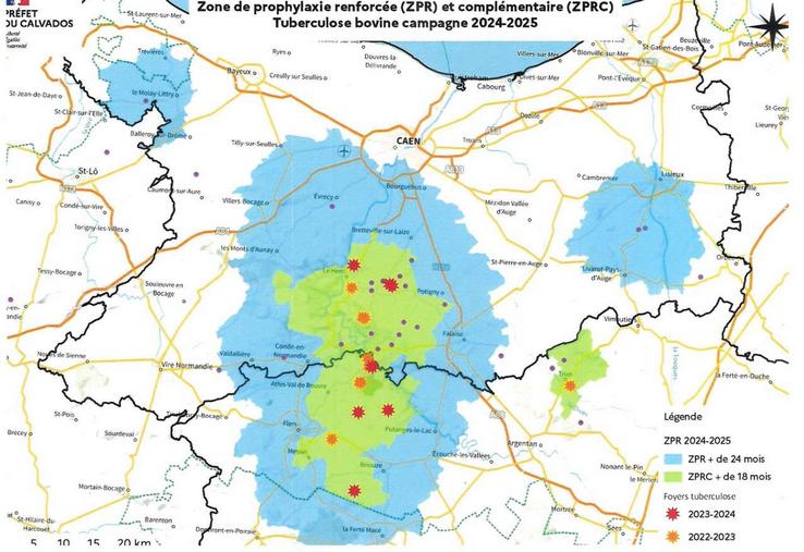 La carte de prophylaxie renforcée telle qu'elle a été définie pour la campagne 2024-2025. Elle concentre plus de 110 000 animaux et 213 communes.