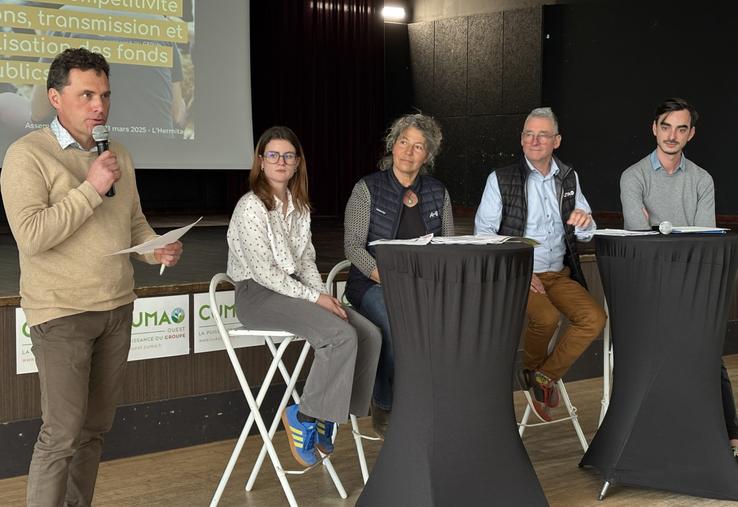 Ont participé à la table ronde, Salomé Lecerf, jeune installée en cuniculture dans les Côtes d'Armor, Marie-Isabelle Le Bars, chargée de mission installation-transmission à la Chambre d'Agriculture de Bretagne, Pierre Supervielle, secrétaire général adjoint de la Fédération nationale des Cuma et Martin Jeantil, directeur général et commercial au sein du Groupe Jeantil.