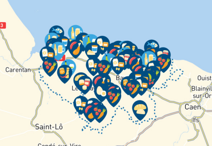 Les producteurs et marchés apparaissent sur une carte du territoire et affichent un logo en fonction de ce qu'ils vendent.