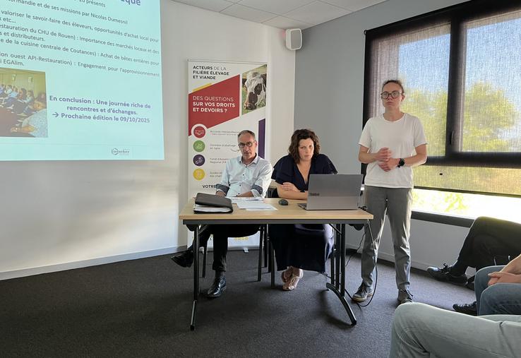 Nicolas Dumesnil, président d'Interbev Normandie, Charlène Lacroix, directrice et Marie Lamarre, chargée de mission pour l'interprofession. Elle a présenté les actions spécifiques RHD (Restauration hors domicile).