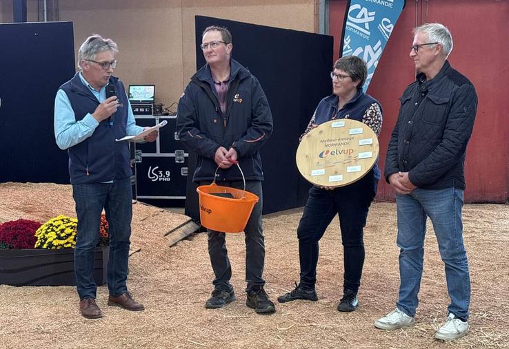 Le président d'Elvup, Jean-François Le Meur, et Estelle Quellier, administratrice, ont remis les trophées aux éleveurs présents.