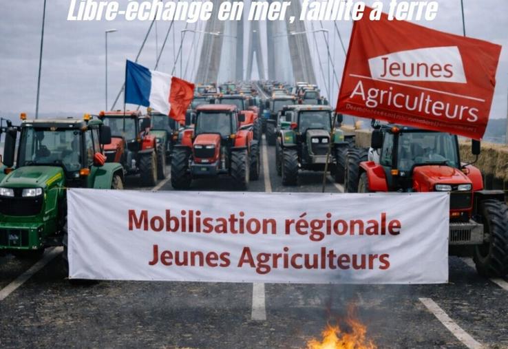 Les JA Normandie se positionnement sur le pont de Normandie le 5 janvier dès midi en regardant au large des côtes pour dénoncer l'entrée de produits issus de l'accord du Mercosur.