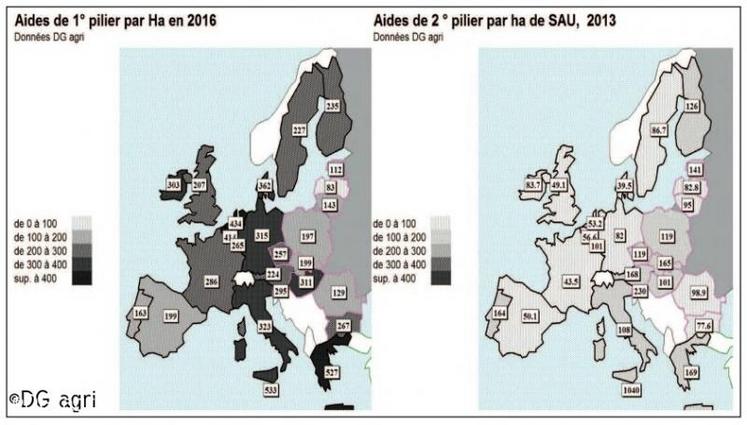 La France se situe au-dessus de la moyenne européenne par son montant d’aides de 1er pilier. 
Les nouveaux état-membres sont plutôt inférieurs à la moyenne. Une redistribution du 1er pilier 
les avantagerait. Pour le 2e pilier, dont le montant global est certes moindre, le contraste est plutôt 
inversé : les NEM sont plutôt mieux dotés que les Quinze. La France est spécialement mal dotée.