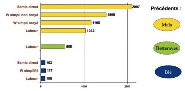 Figure 1 - DON % (Base 100 blé/labour) en fonction du type de travail de sol et du précédent. Moyenne 2003-2008 sur l’essai Arvalis conduit à Boigneville (91)