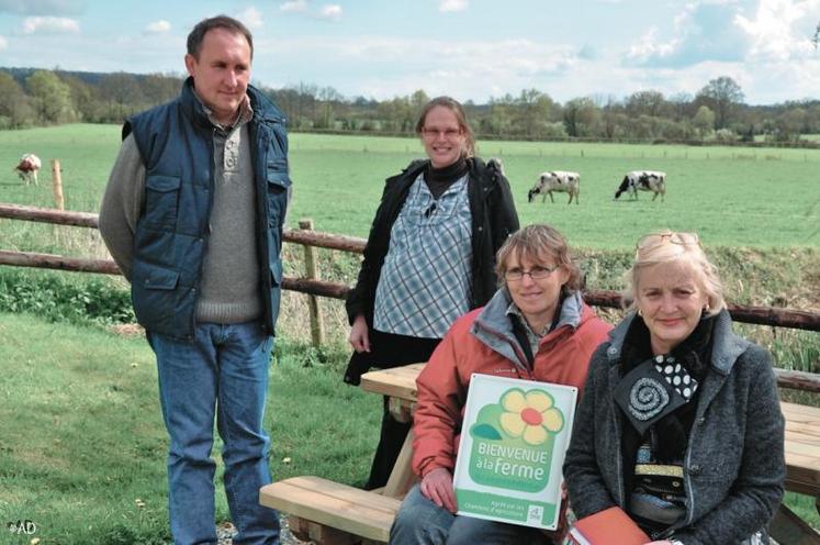 A la ferme de la Motte. De gauche à droite, Didier Daniel, Julie Babin (animatrice du réseau Bienvenue à la ferme de l’Orne), Pascale, et Martine Moulin ( présidente du réseau ornais).