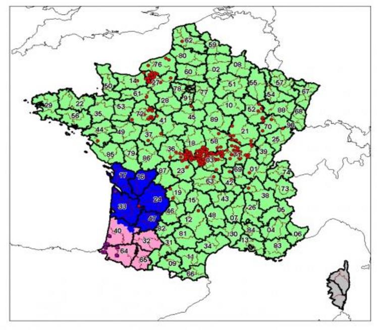 La situation sur l’hexagone et dans l’Eure au 18 juillet dernier... Ce qu’il faut lire sur cette carte :
- rond rouge (foyer de BTV8 due à la circulation virale 2008) 
- rond bordeaux (foyer de BTV1)    
- zone en vert (zone réglementée sérotype 8) - Zone en rose (zone réglementée sérotype 1)
- zone en bleu (zone réglementée sérotype 1 et 8) 
- zone en gris (zone réglementée sérotype 1-2-4-16.