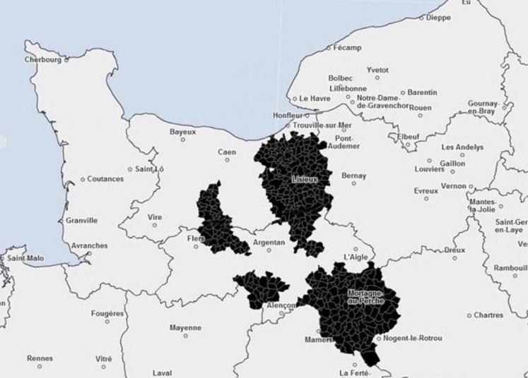 Carte 1 - Avant réforme, le zonage couvrait 45 % de la SAU ornaise et 27 % dans le Calvados