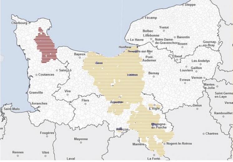 Carte 2 - Les ZSCN couvrent la partie Est de l’Orne et du Calvados, plus le Bocage de Valognes. Si une limite de rendement était retenue, Calvados et peut-être Orne risquent d’être exclus