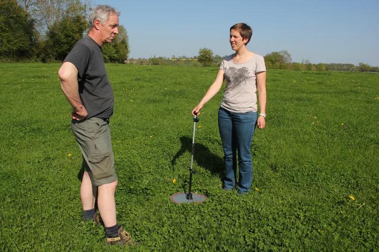 Tous les mois, Guilène Duboc et Benoit Goupil mesurent les hauteurs d'herbe dans les parcelles. Ces informations permettront au logiciel Pâtur'plan de réaliser des simulations.   (DR)