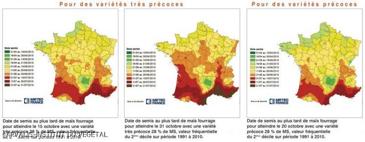 Les cartes suivantes indiquent les dates de semis limites pour récolter un maïs fourrage à 28%MS courant octobre, par zone climatique. Ces simulations ont été réalisées à partir des analyses fréquentielles des données climatiques de Météo France, sur un scénario pessimiste année froide (décile 2).