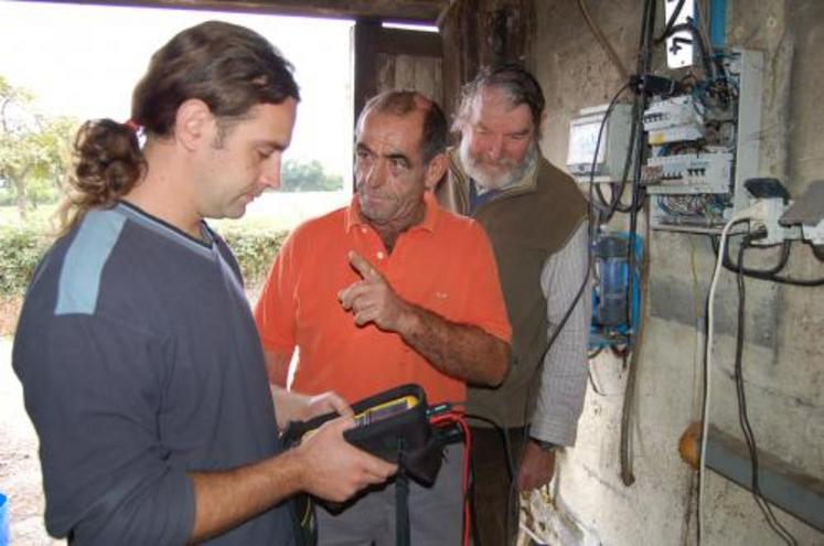 Loïc Nicolle et Gérard Gosselin autour d’André Dossin, agriculteur, lors d’une mesure. L’appareil affiche la consommation instantanée et peut enregister les données sur plusieurs heures.