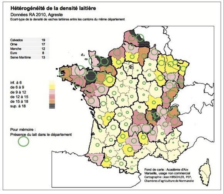 La Basse-Normandie est LA région française où l’hétérogénéité 
de densité laitière est la plus forte, entre les secteurs 
les plus denses et les moins denses.